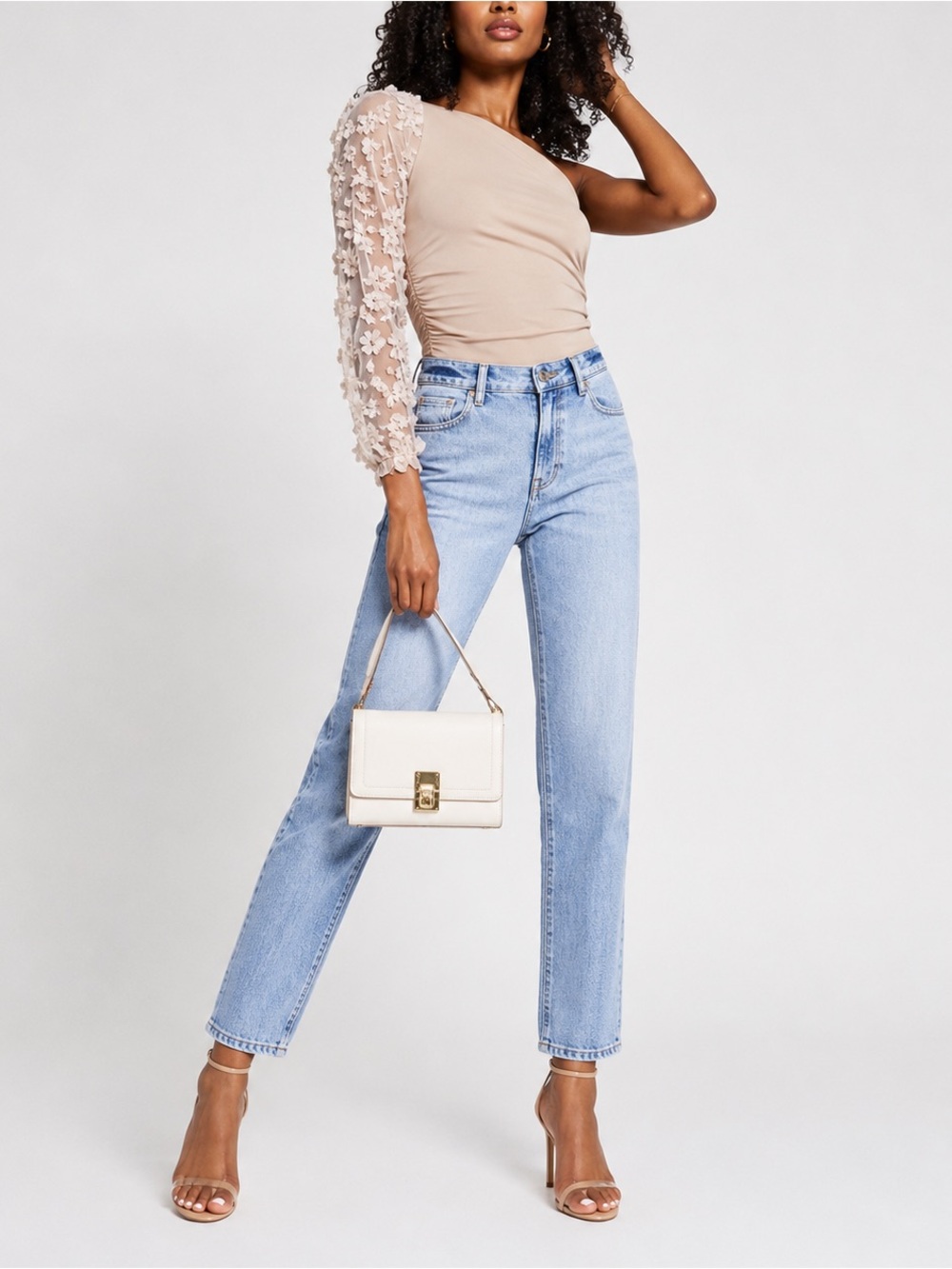 River Island Pink One shoulder petal detail body suit